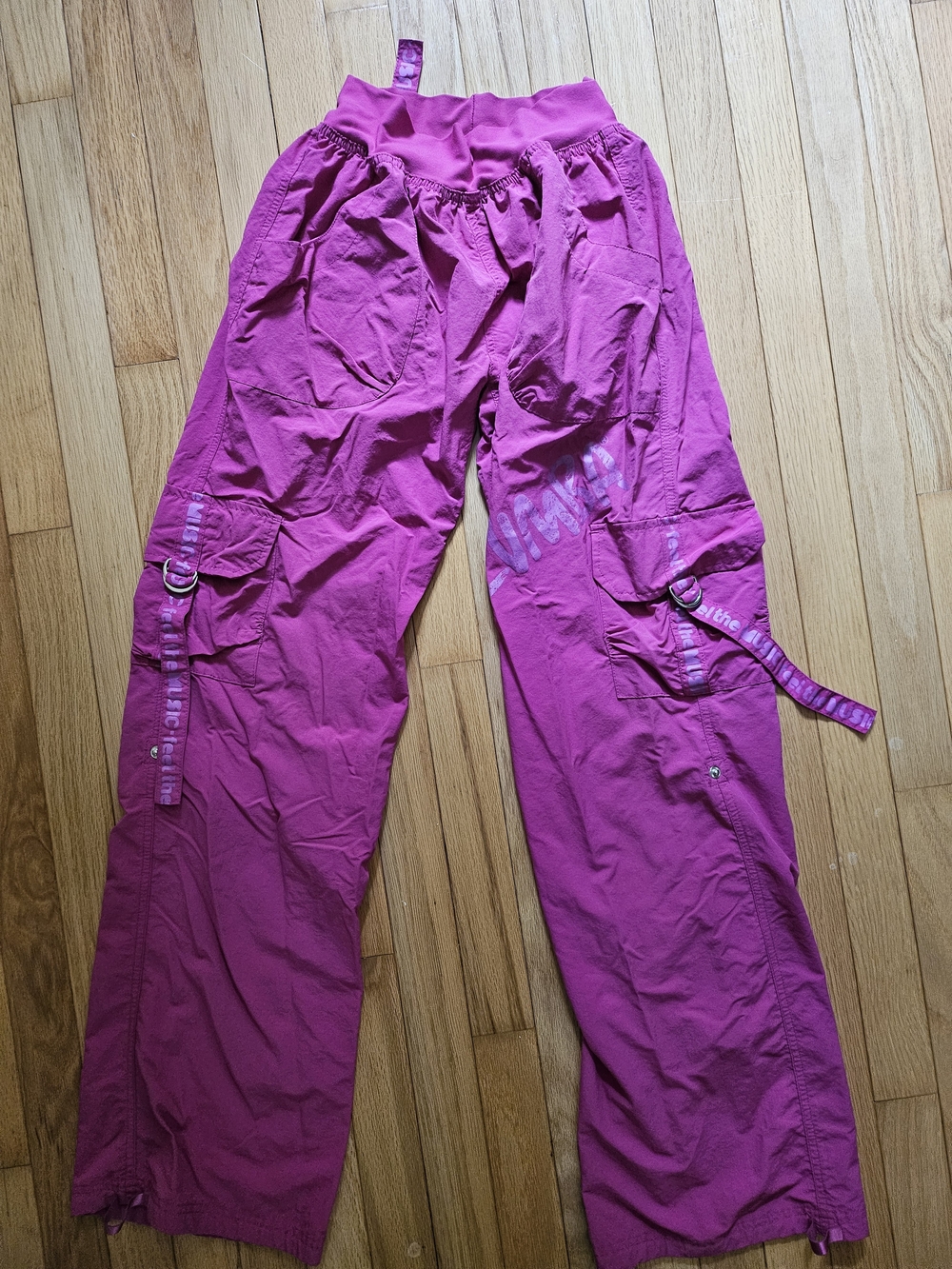 Zumba Cargo Parachute Pants Y2K Wide Leg Ribbon Strap Dance Fitness Pants